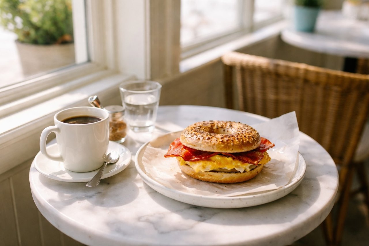 coffee and breakfast sandwich at a casual cafe in Amagansett