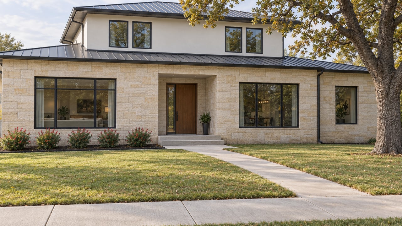 Contemporary limestone and white stucco home with steel-framed windows, a deep front lawn and a mature oak beside the entry.