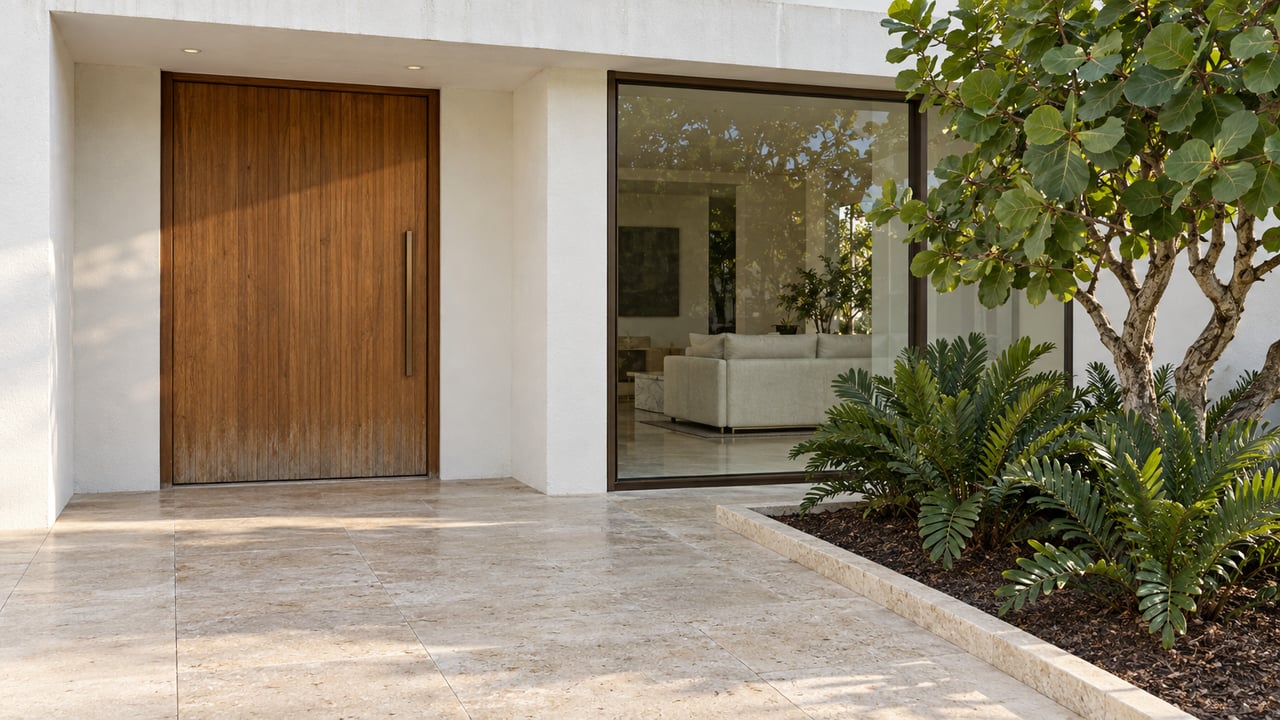 Warm teak entry door and bronze-framed glazing beneath a white canopy, beside limestone paving and sculptural sea grape planting.