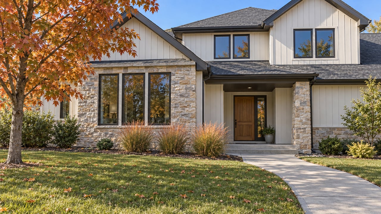 Ivory-sided home with buff stone, dark-framed windows and a covered oak entry beyond a broad lawn and copper-leaved maple.