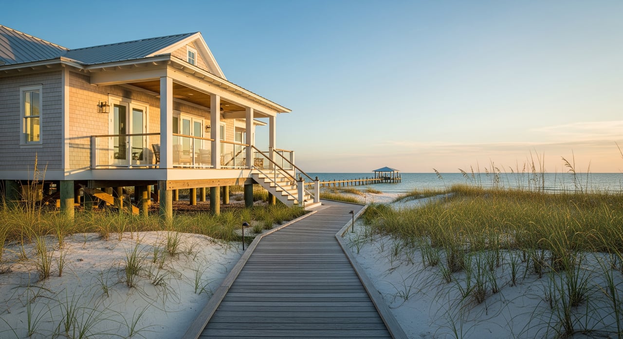 Raised beach house with a wraparound porch beside a boardwalk through dunes to the ocean.