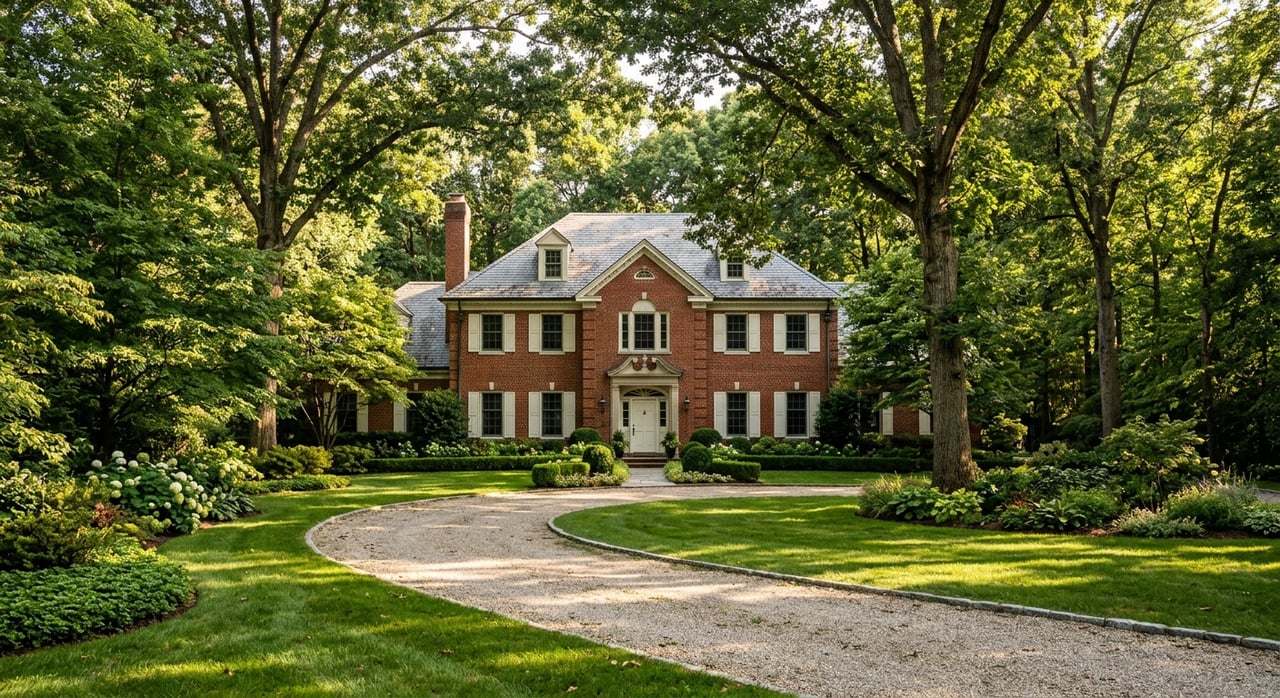 Brick colonial home with a columned entry, set behind a curved driveway and lawn beneath mature trees.