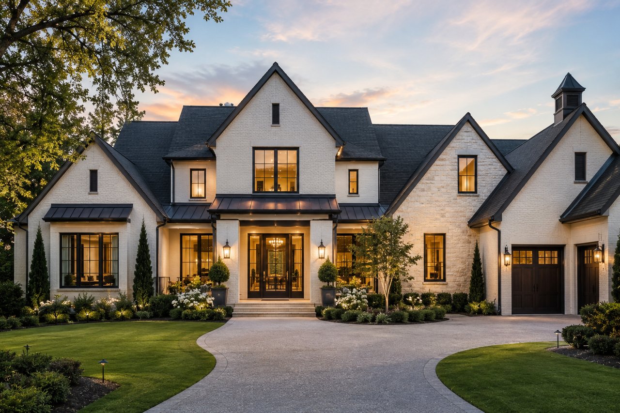 Modern luxury farmhouse-style estate in Tennessee featuring timeless architecture, white brick exterior, black-framed windows, manicured landscaping, and upscale design, representing one of the most popular luxury home styles in Nashville and Knoxville real estate.