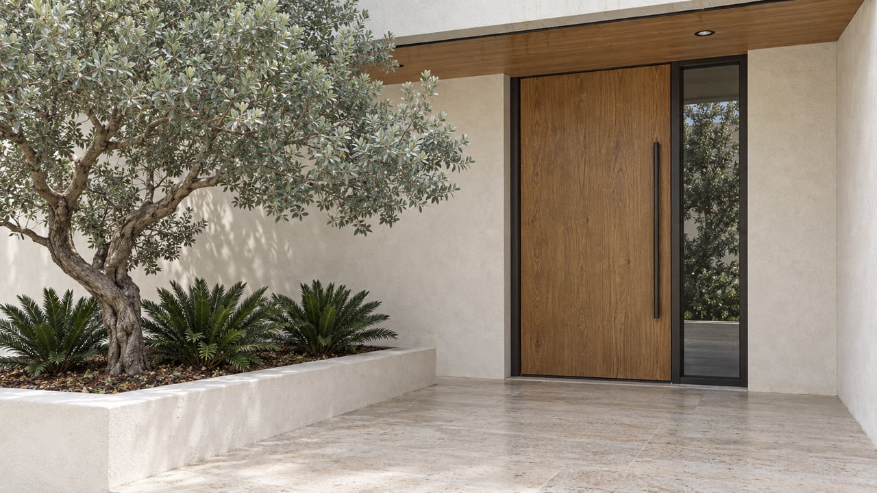 Oak pivot door and glazed sidelight beside a silver-green tree and three low coontie plants.