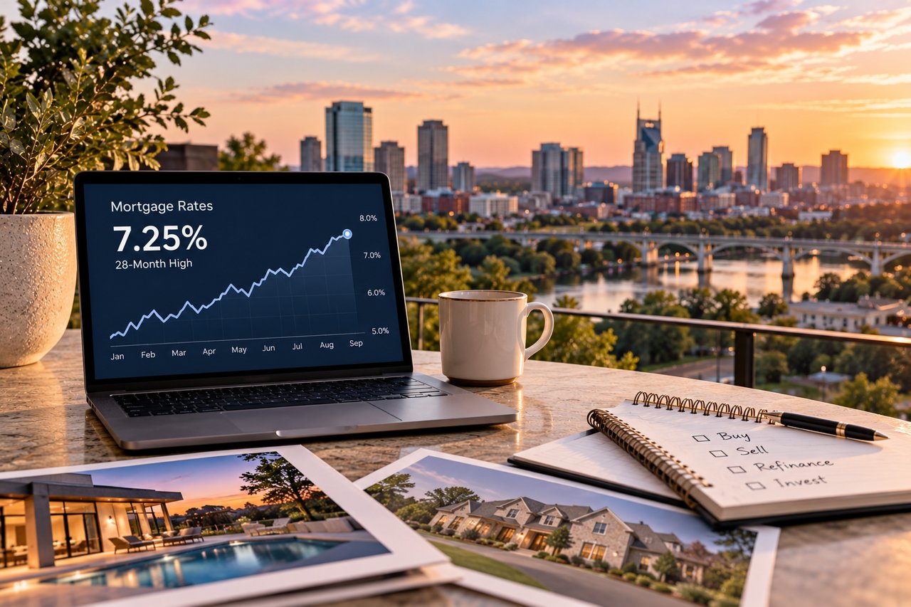 Mortgage rate chart showing a 28-month high alongside luxury Tennessee homes, illustrating how rising rates may affect buyers and sellers in Nashville and Knoxville.