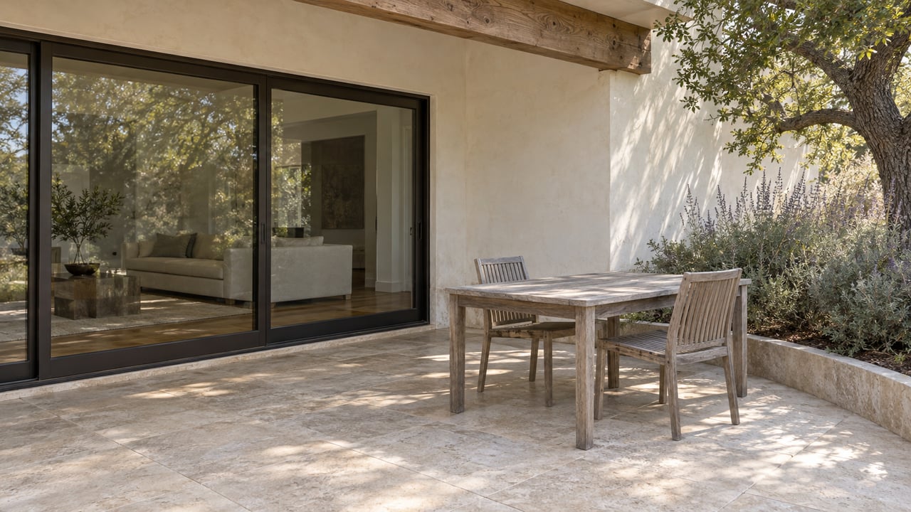 A stone terrace with a weathered teak table beside closed dark-framed glass doors, ivory stucco and an oak-shaded planting bed.