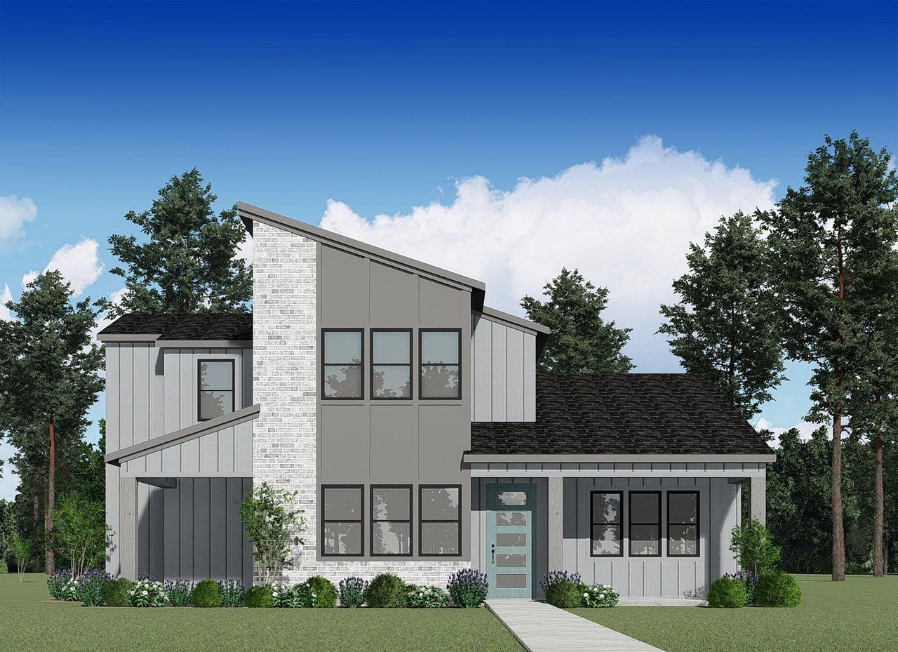 Modern gray house with an asymmetrical roof, white brick facade, and landscaped front lawn.
