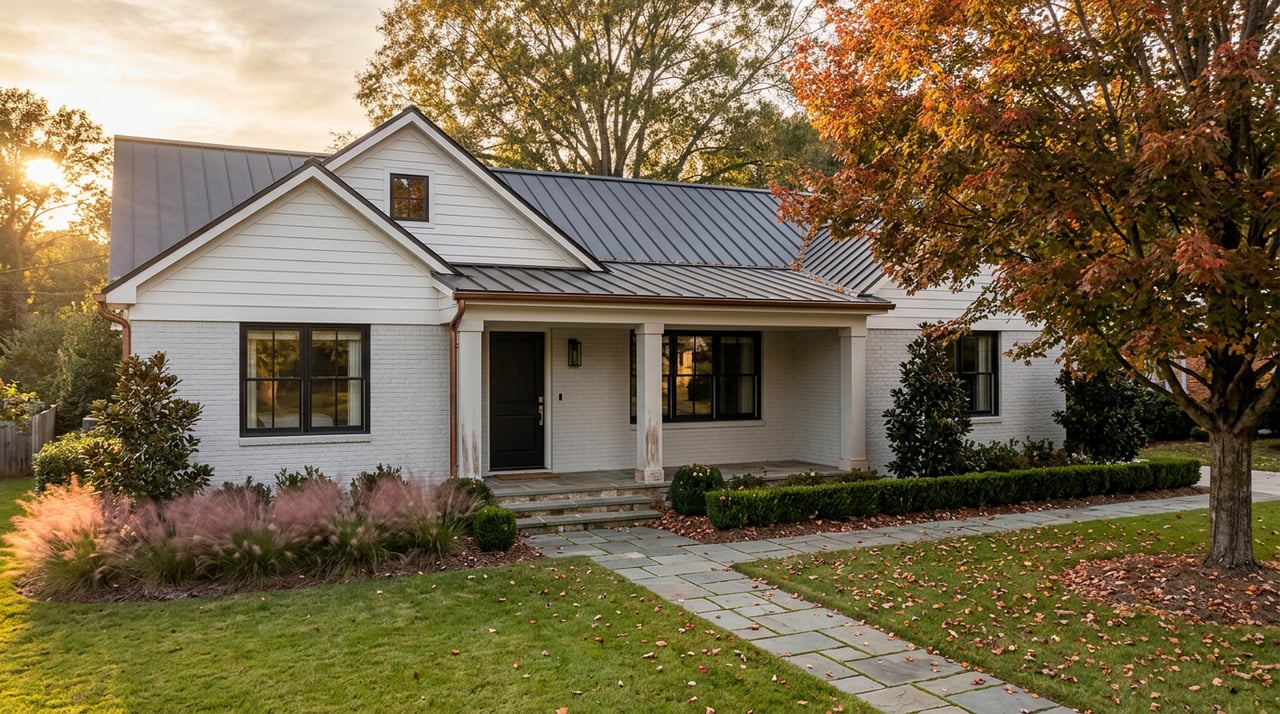 Gray-brick house with white gables, dark roof, red-gold maple, and paver walkway.