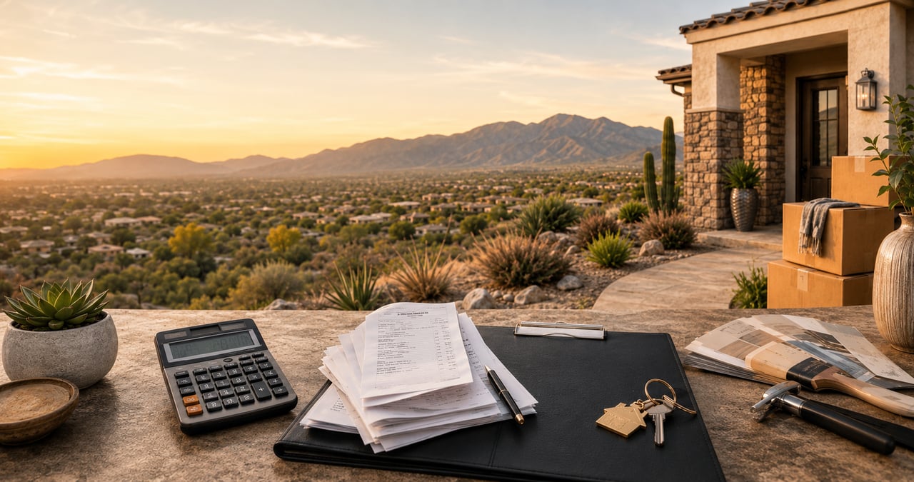 Selling a home costs guide with Arizona home, moving boxes, calculator, and paperwork