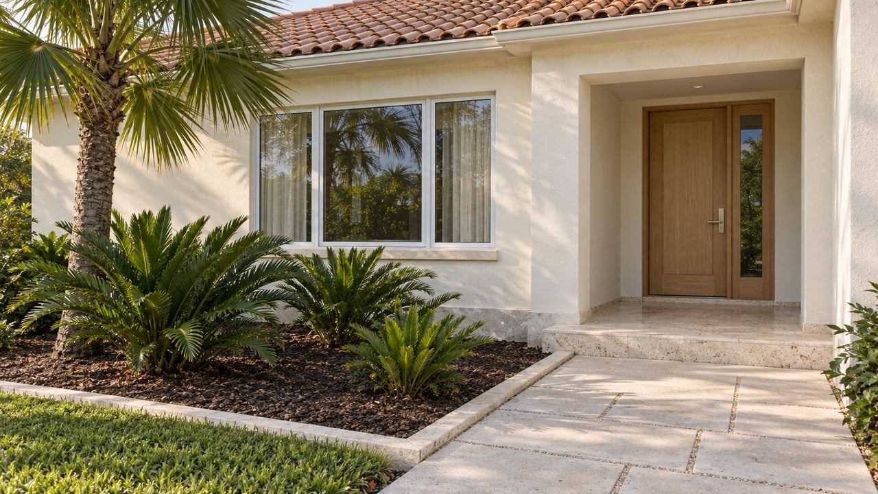 Ivory single-story home with a terracotta-tiled roof, recessed oak entry, pale stone approach and a sculptural fan palm.