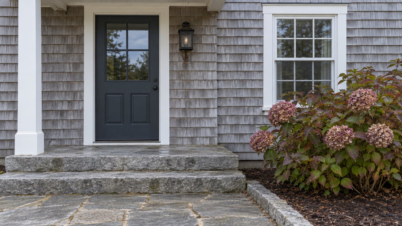 Weathered cedar-shingle home entry with a charcoal door, white trim, granite steps and faded autumn hydrangea blooms.