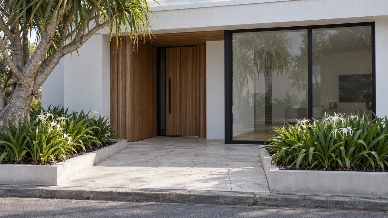 Coastal house facade with a pale stone path, timber entry, glass window, and pandanus tree.