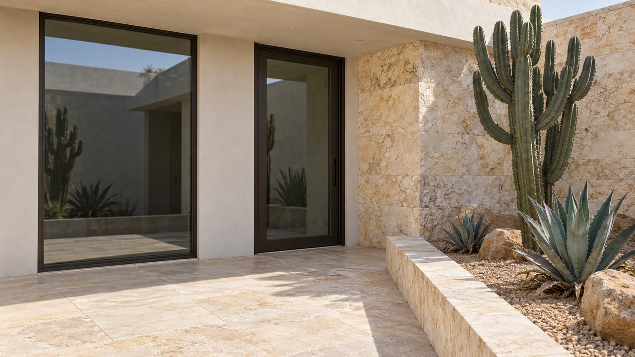 Sunlit limestone terrace beside an off-white stucco home with bronze-framed glazing and a raised gravel bed containing a branching cactus and two agaves.