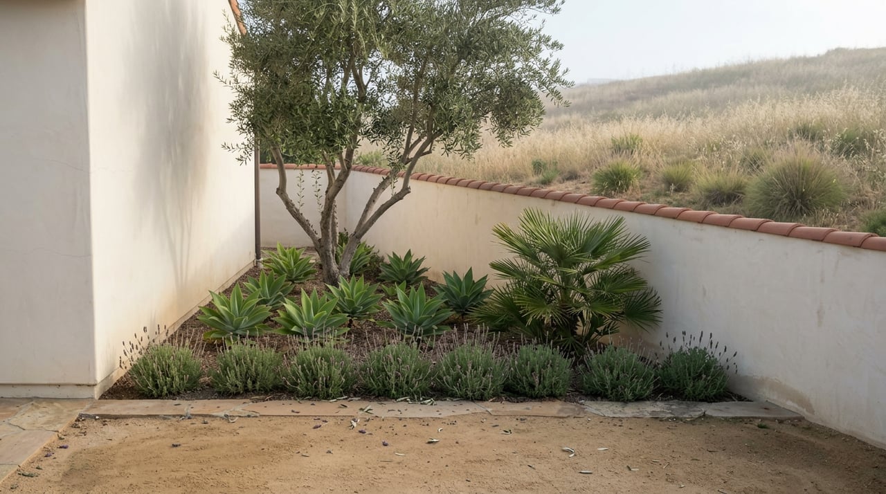 Mediterranean garden with an olive tree and agaves behind a low wall bordering an open grassy slope.