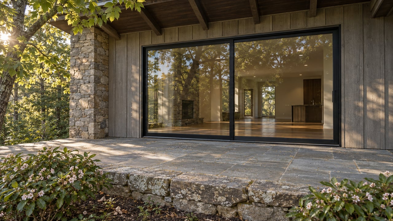 Wooded house with black-framed glass doors, weathered siding, stone terrace, and oak canopy.