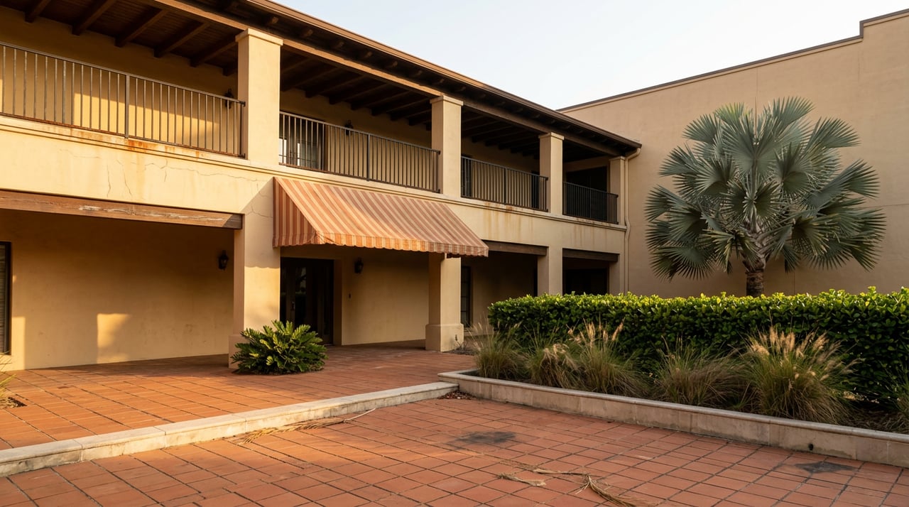 Stucco building with a covered loggia, striped awning, iron balcony, and silver-blue palm beside a paved plaza.