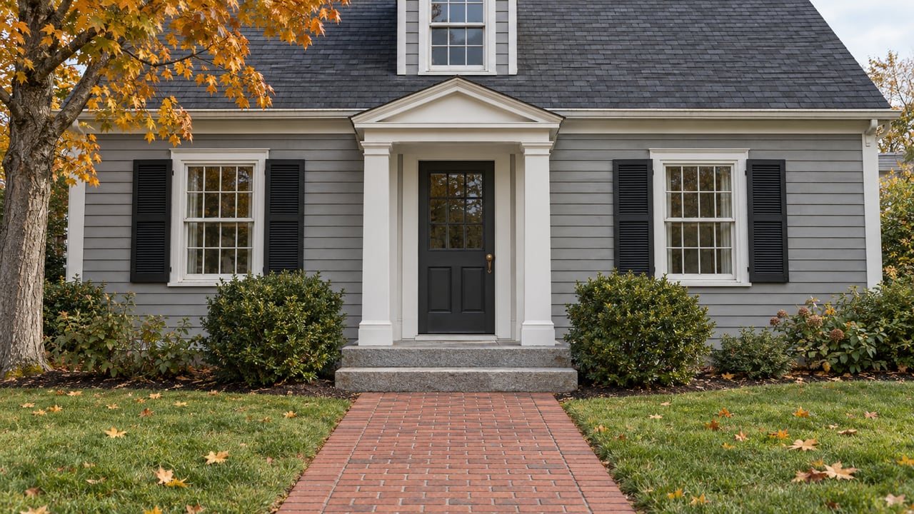 Gray clapboard house with white trim, a charcoal front door, granite steps and a brick approach beneath amber maple leaves.