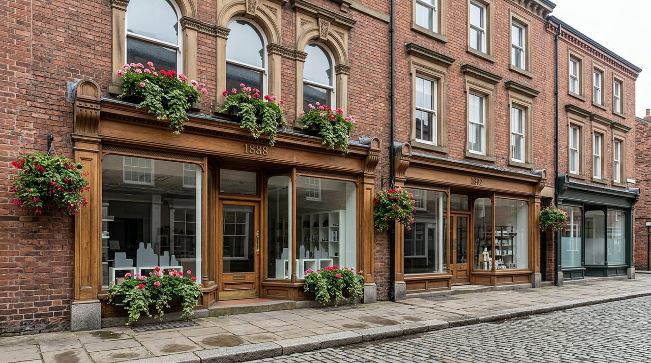 Three adjoining red-brown brick storefronts with sage awnings, flower baskets, and a street tree.