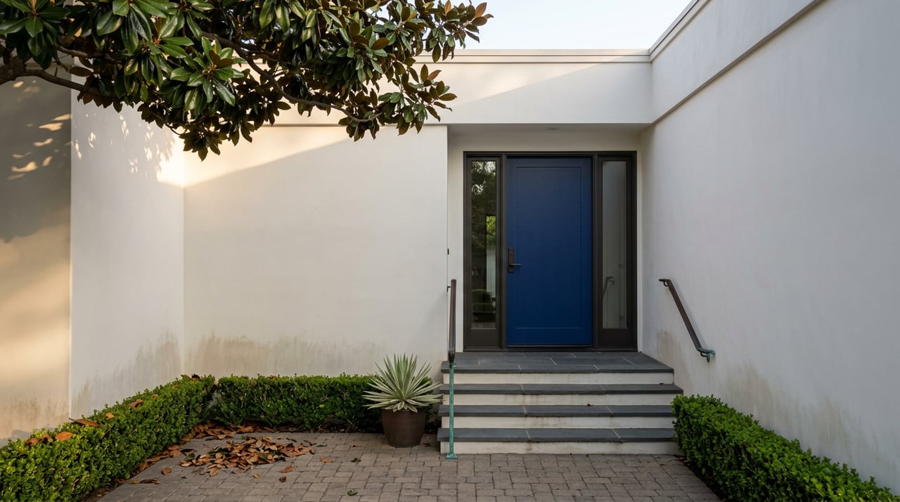 Recessed stucco entry with a cobalt door, slate steps, magnolia shadows, clipped boxwood, and a potted agave.