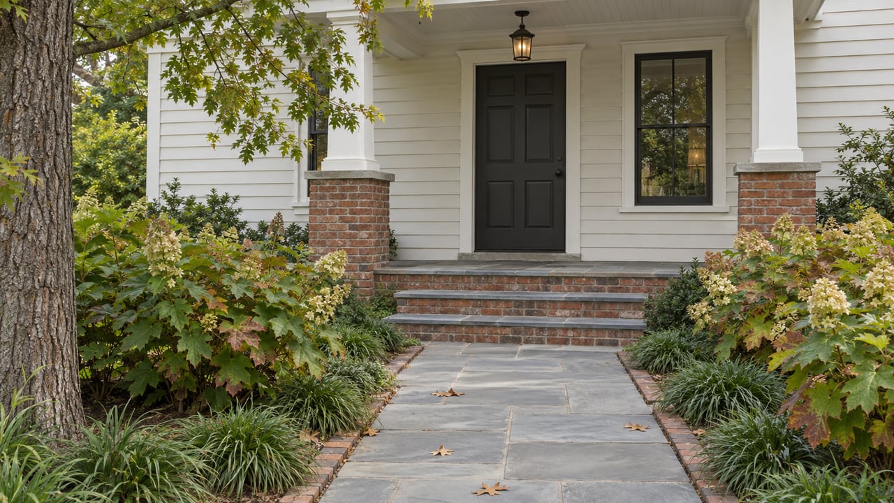 Off-white clapboard house entry with charcoal door, brick steps, bluestone walk, and russet-edged hydrangeas.