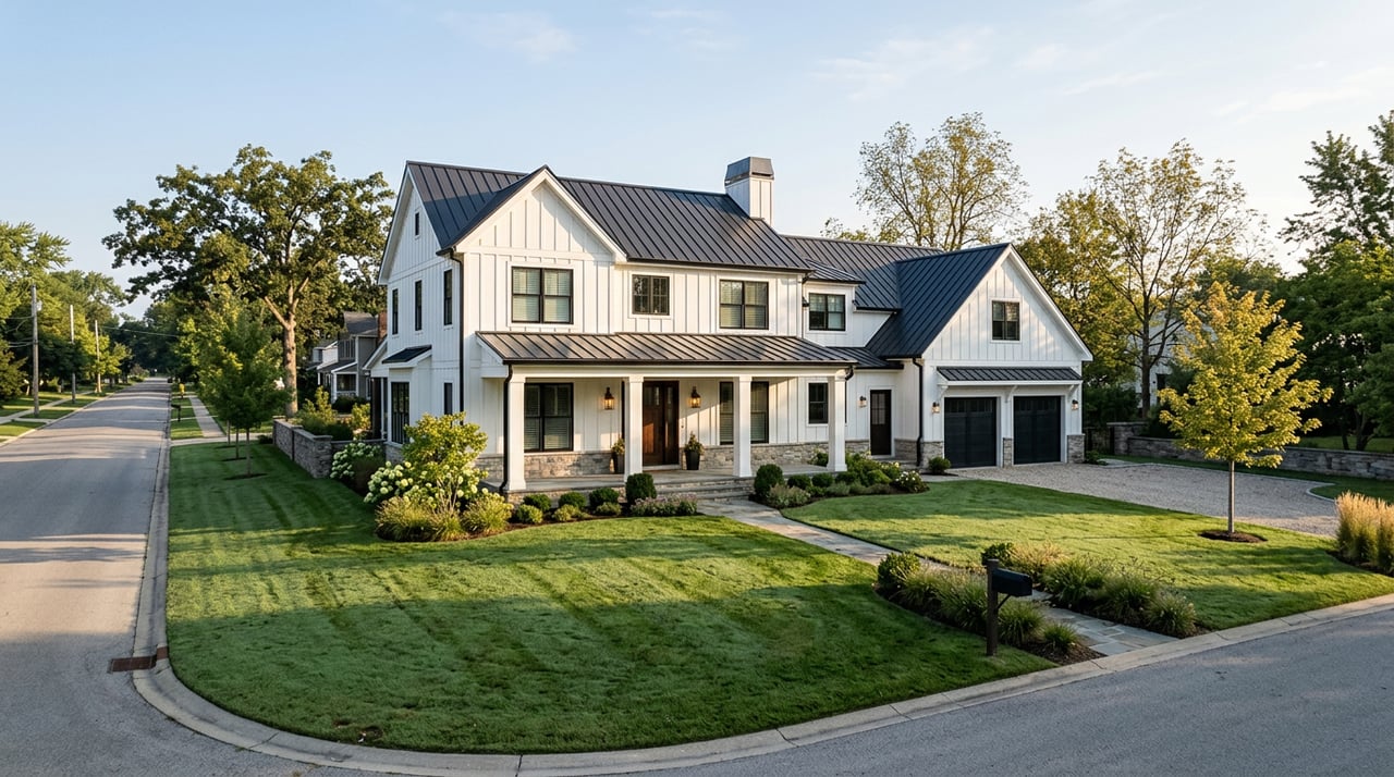 Modern farmhouse with white siding, stone porch columns, walnut double doors, and a broad front lawn.
