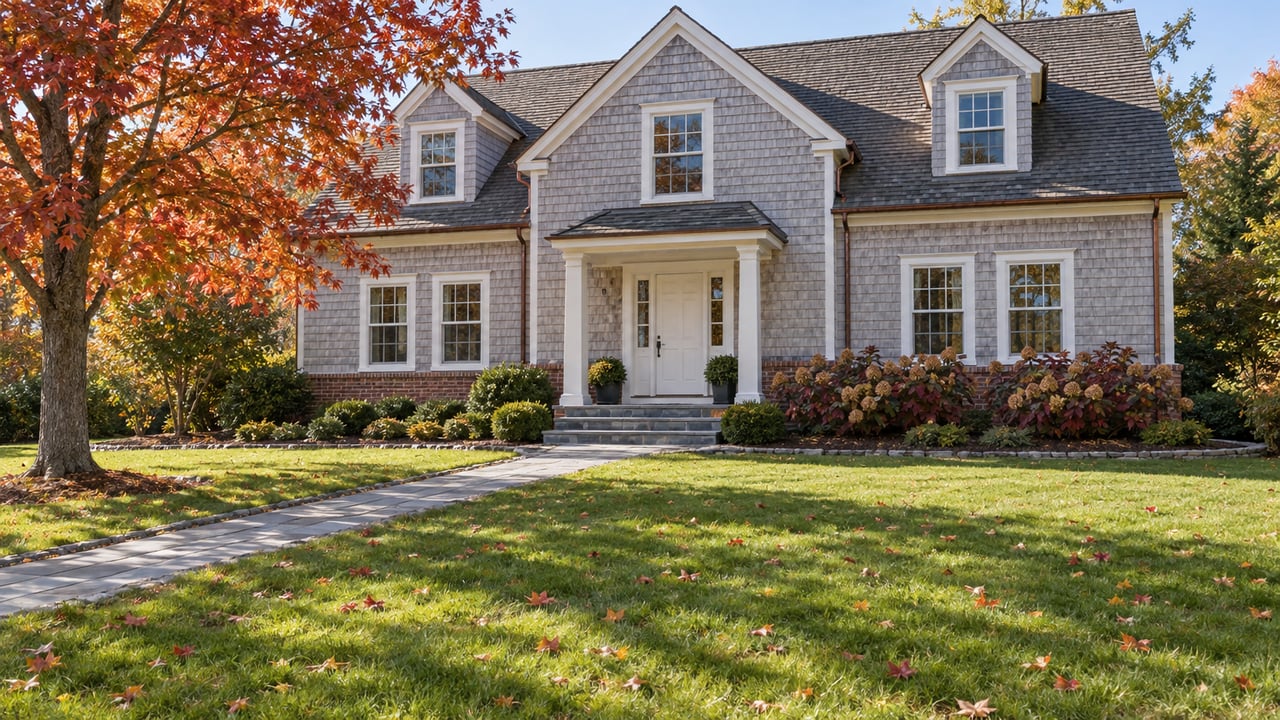 Weathered shingle home behind a broad autumn lawn, with a bluestone entry walk and a red-leaved maple.