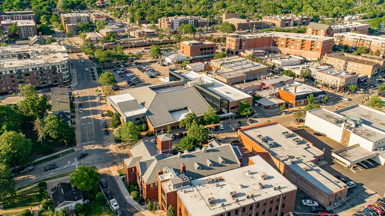 Downtown Downers Grove from a drone view