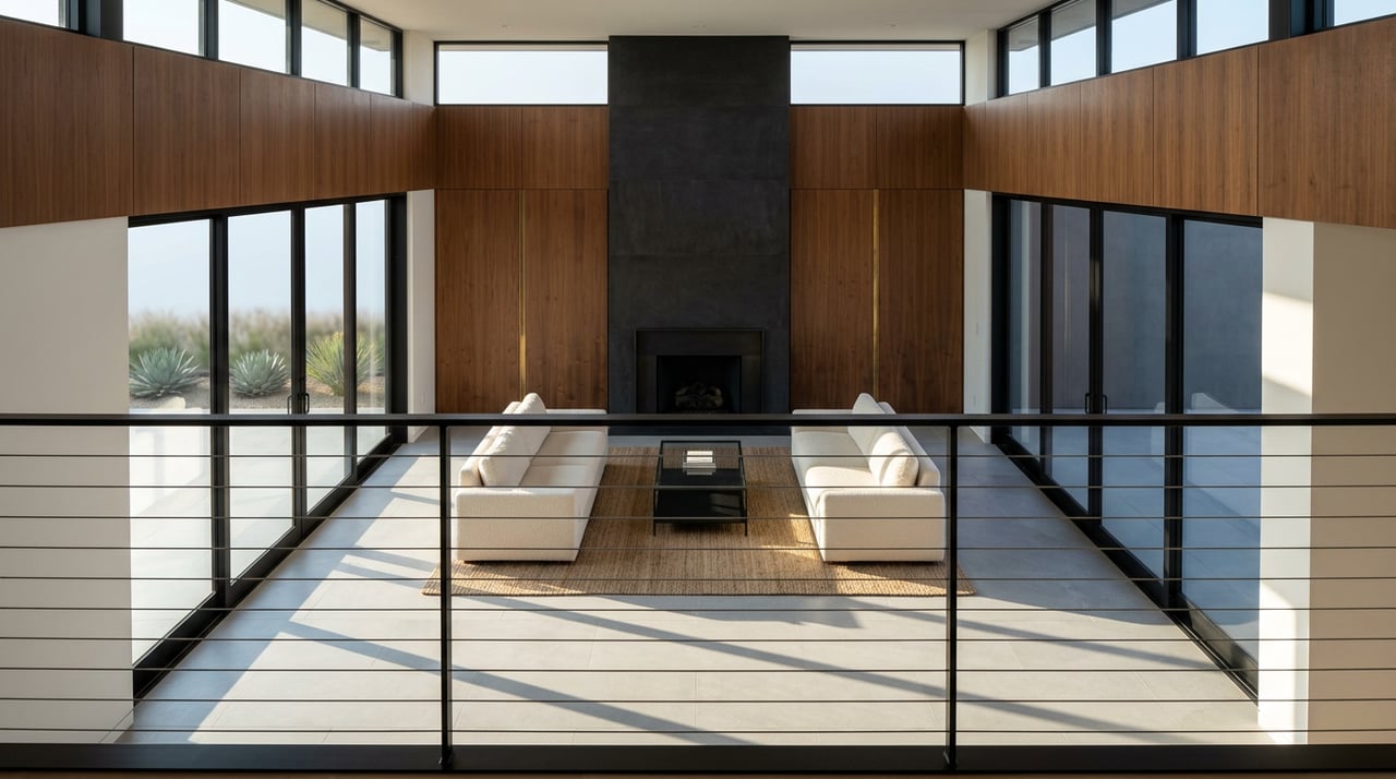 Double-height living room with a central basalt fireplace, facing cream sofas, walnut panels, and sunlit stone flooring.