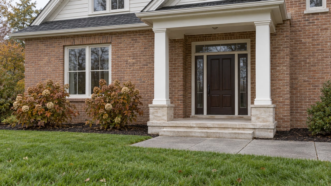 Russet-brick house with a white-columned portico, oak front door, limestone steps and oakleaf hydrangeas beside a broad front lawn.