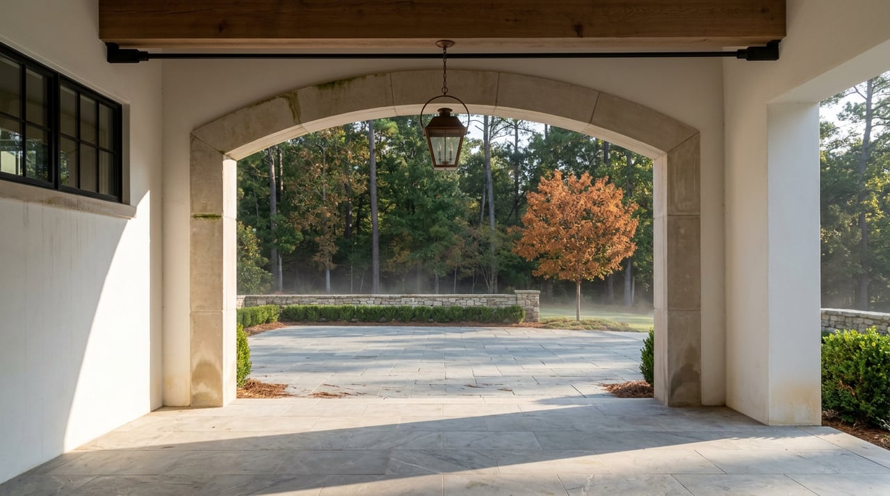 Stone entry arch framing a misty motor court, copper-leaved tree, and dense pine and oak tree line.
