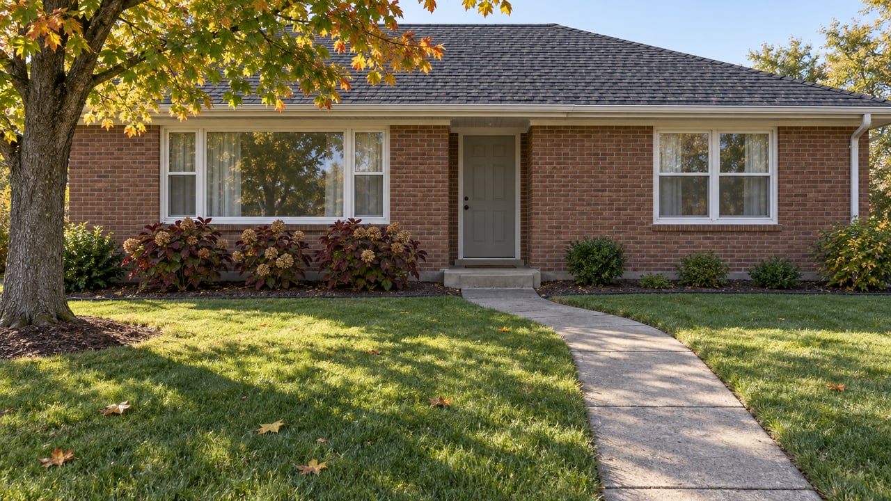 A red-brown brick ranch home beyond a deep front lawn, with an amber maple, oakleaf hydrangeas and a curved concrete entry walk in morning light.