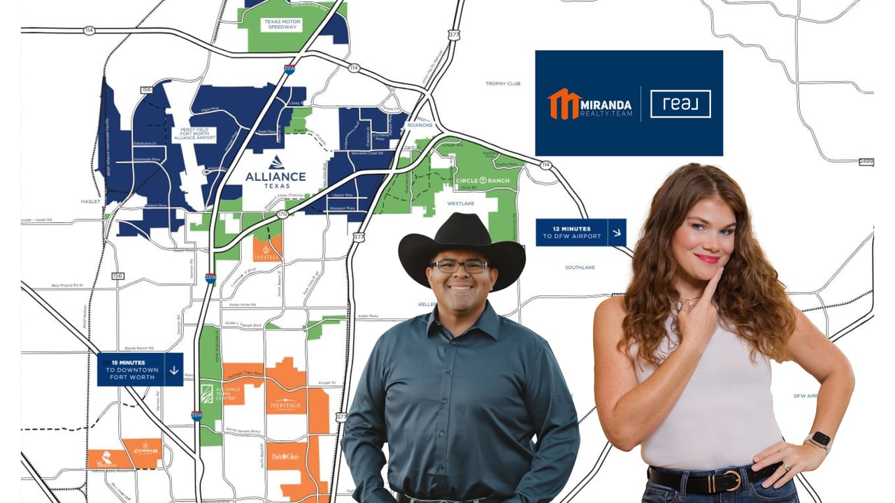 Edson and Paige Miranda of Miranda Realty Team next to Alliance Texas map showing Pecan Square, Harvest, Treeline, and Landmark master-planned communities in Denton County, North Texas