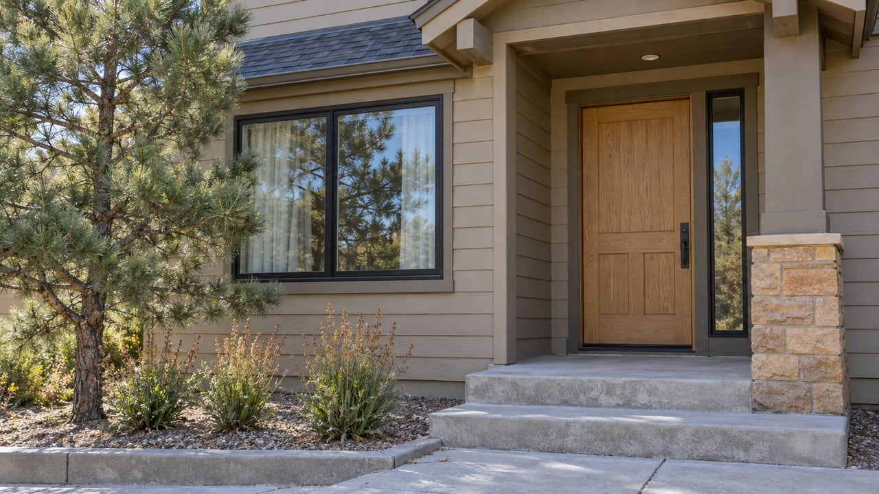 Tan-sided home with a covered entry, sandstone porch support, concrete steps and a sculptural pinyon pine.