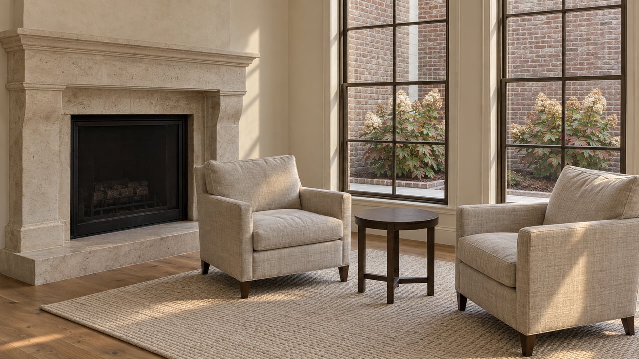 Afternoon light falls across linen chairs, oak flooring and a limestone fireplace in a sitting room with bronze-framed garden windows.