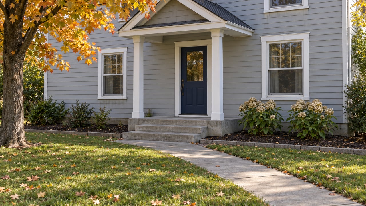 Light-gray two-story home with a small covered entry, broad green lawn and a sugar maple turning gold beside the porch.