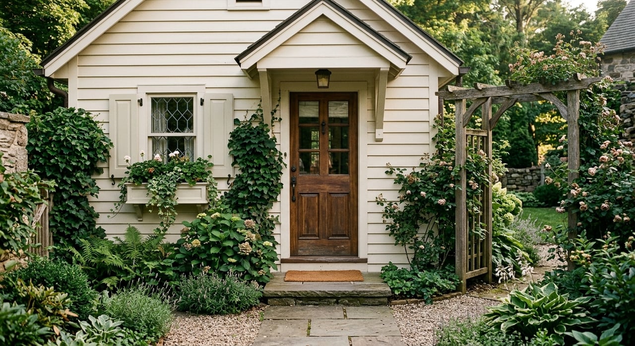 Compact white clapboard cottage with an oak entry door, brick path, and clipped shrubs.