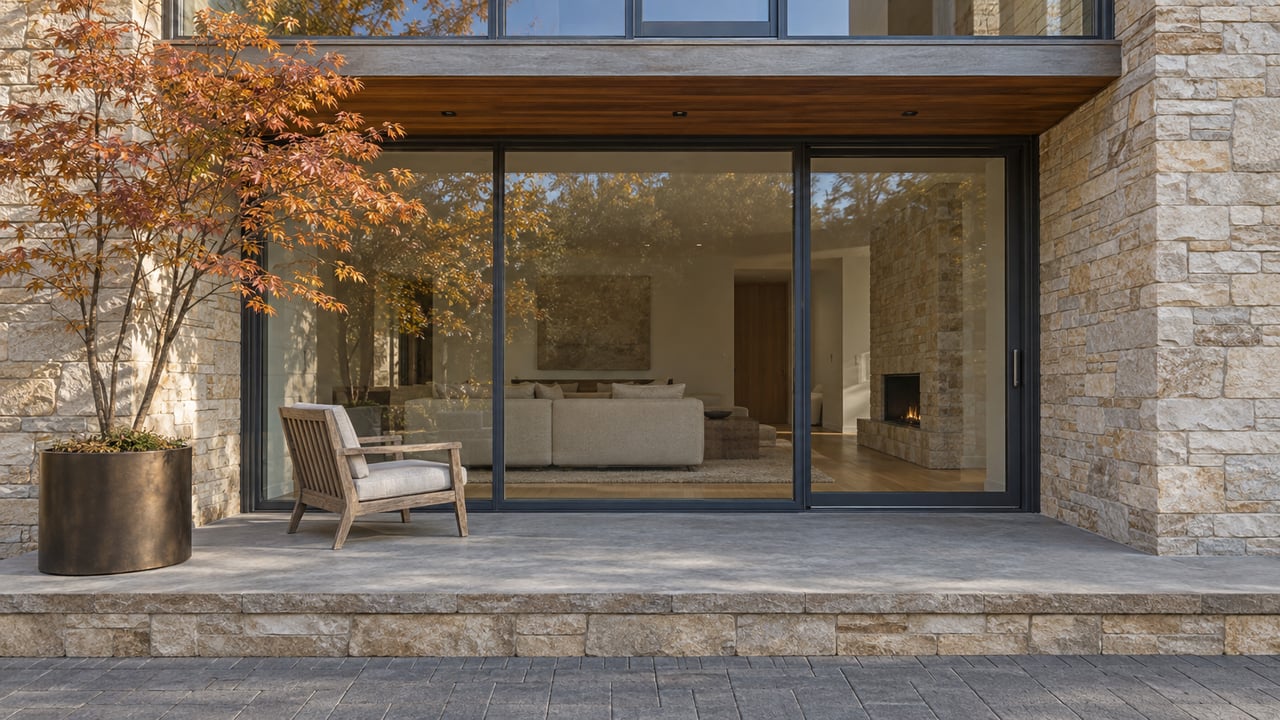 Sunlit sandstone condominium facade with cedar soffit, enclosed living room and a raised concrete terrace beside an autumn maple.