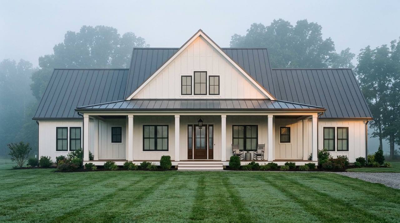White farmhouse with charcoal metal gable roof, deep porch, and walkway crossing a trimmed lawn.