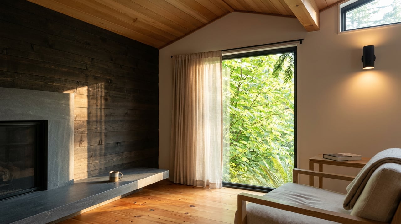 Basalt hearth beside a black-framed window filled with backlit maple leaves, beneath a vaulted cedar ceiling.