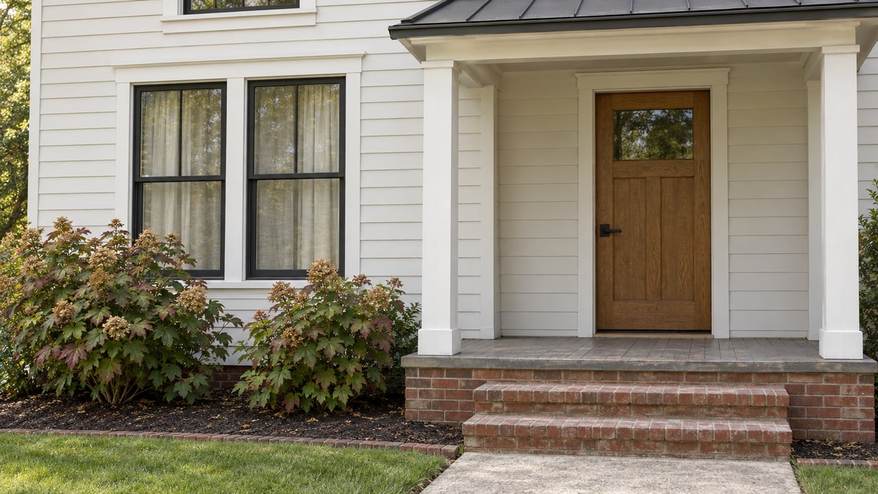 Close exterior view of a warm-white lap-sided home with an oak front door, paired black-framed windows, brick steps and oakleaf hydrangeas.