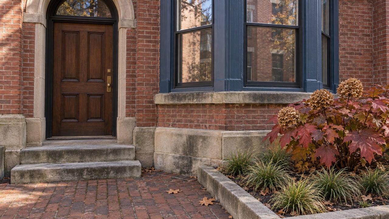 Red-brick rowhouse entrance beside a blue-trimmed projecting bay, worn limestone steps and an autumn oakleaf hydrangea.