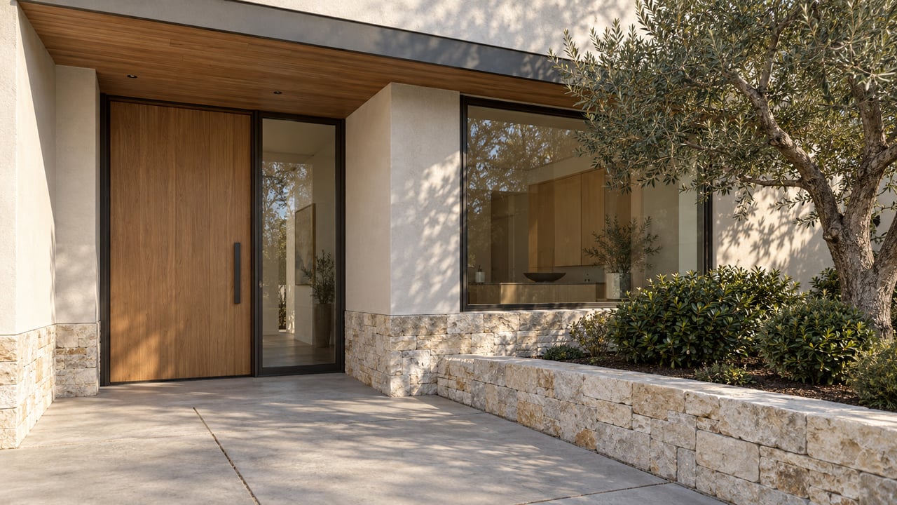 Sunlit white-stucco home entrance with an oak door, bronze-framed glazing, limestone base and a mature olive tree beside a concrete terrace.