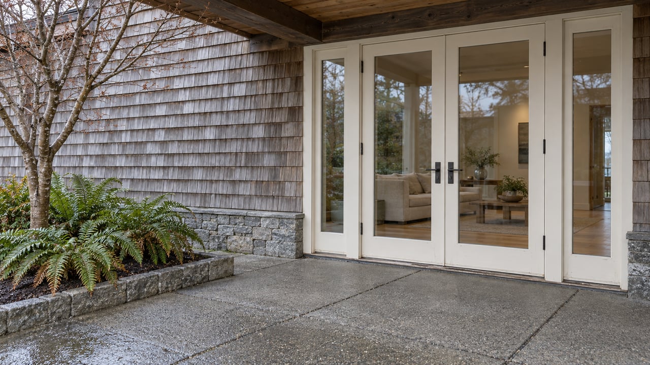 Weathered cedar shingles and closed glass doors beneath a timber eave, beside a rain-darkened stone-bordered terrace with vine maple and sword ferns.