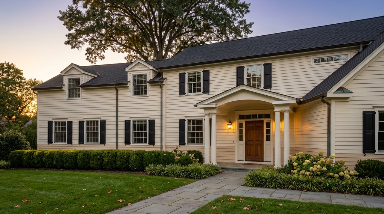 Two-story ivory clapboard house with black shutters, a lantern-lit portico, and a bluestone walk across a broad lawn.