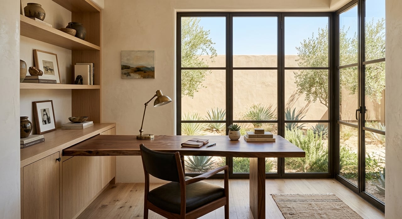 Walnut desk beside steel-framed window, with oak built-ins and a desert courtyard beyond.
