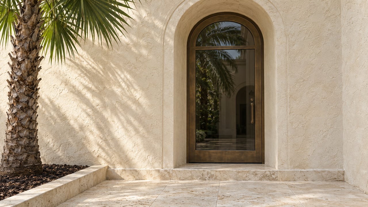 Cream stucco arched residential entrance with a bronze-framed glass door, pale limestone doorstep, and a mature fan palm.