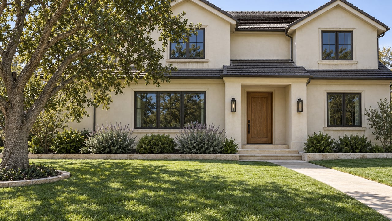 Warm ivory stucco home with dark tiled gables, recessed oak entry and a deep green lawn beneath a mature oak.