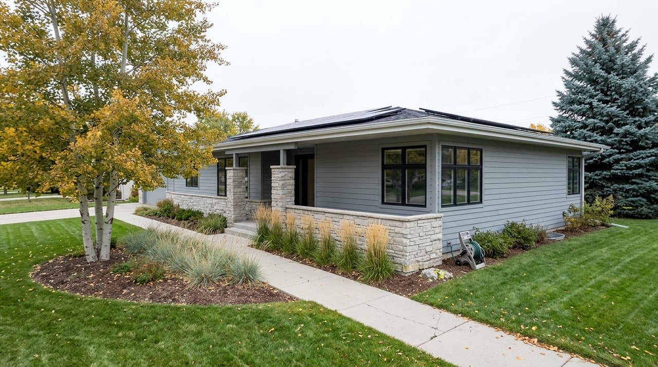 Gray-sided home with stone entry and rooftop solar panels, framed by golden aspens and lawn.