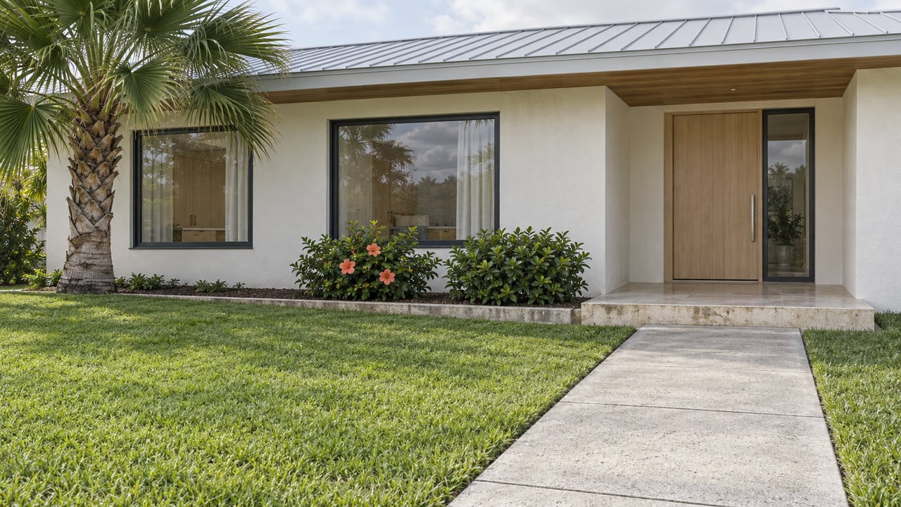 Contemporary single-story home with a broad roof overhang, pale walls, deep lawn, and a stone-stepped covered entrance beside a fan palm.
