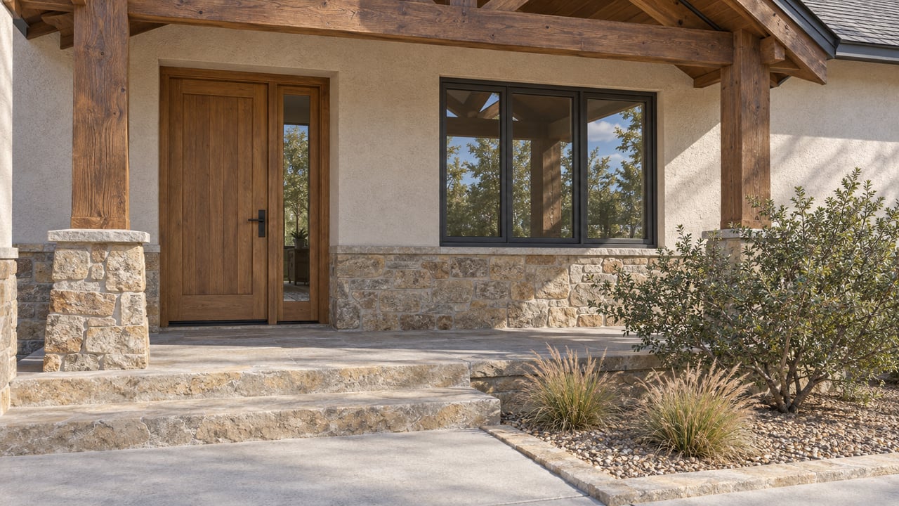Timber-framed porch with an oak entry door, cream stucco, sandstone steps and a gravel bed planted with mountain mahogany and blue grama.